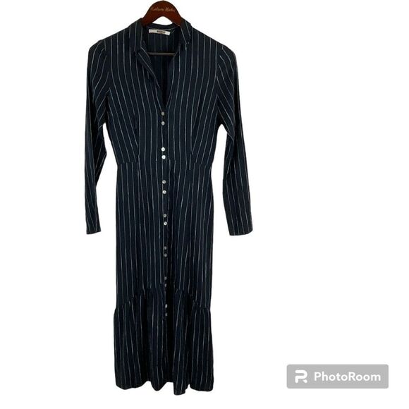 Becken Cinched Flare Dress Sz 2 Navy Blue Pinstriped Button Front Silk Dress H3 - Picture 1 of 12
